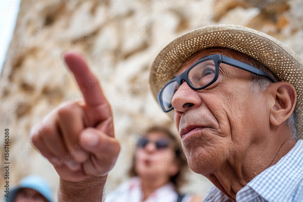 Fototapeta premium Elderly man in hat and glasses pointing while guiding a group near a historic stone wall