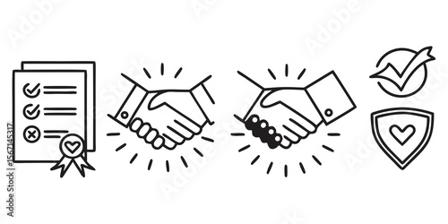 Business partnership agreement and trust icons with handshake and shield symbols isolated on white background