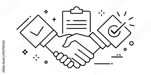 Business handshake with contract and checkmarks representing agreement and success isolated on white background