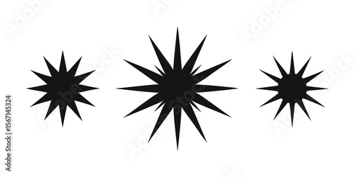 Three black sharp starburst shapes of varying sizes isolated on white background