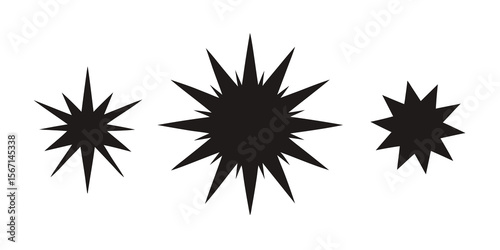 Three black starburst shapes of varying sizes isolated on white background