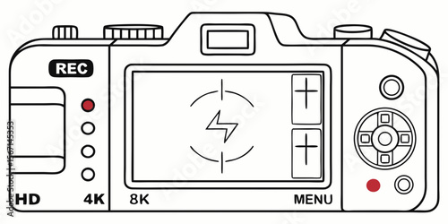 Hand drawn illustration of a digital camera back with rec button hd 4k 8k and menu options isolated on white background