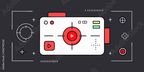 Stylized illustration of a video camera viewfinder with play button and recording indicators isolated on white background