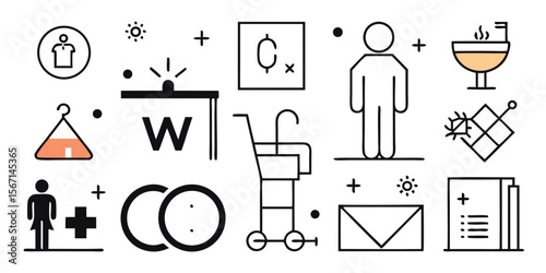Collection of simple line art icons representing various concepts isolated on white background