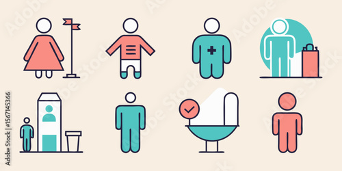 Collection of diverse human figure icons representing various activities and concepts isolated on white background