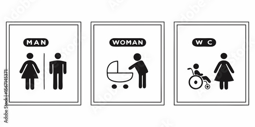 Collection of restroom signs for men women baby changing and disabled access isolated on white background