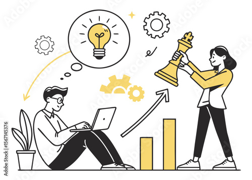 Business strategy and innovation concept with people working on a laptop and chess king isolated on white background