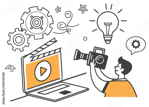 Creative filmmaking process with a person filming a laptop screen showing a play button isolated on white background