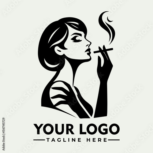 Stylish woman smoking a cigarette, depicted in a minimalist, graphic black and white illustration.