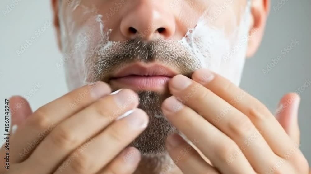 A man applying shaving cream to his face with his hand getting ready to shave his beard and mustache