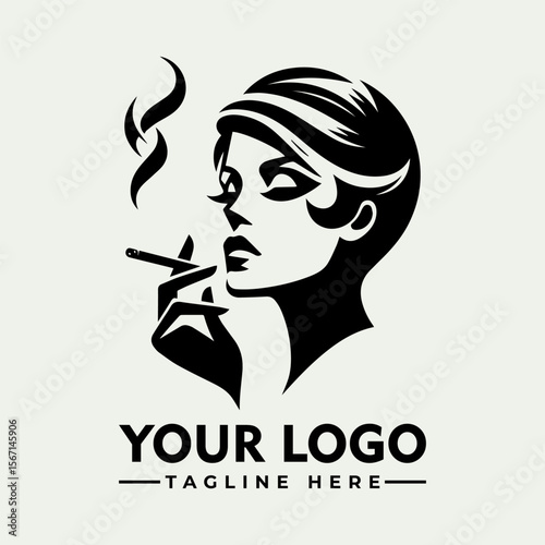 A stylized black and white illustration of a woman smoking a cigarette.