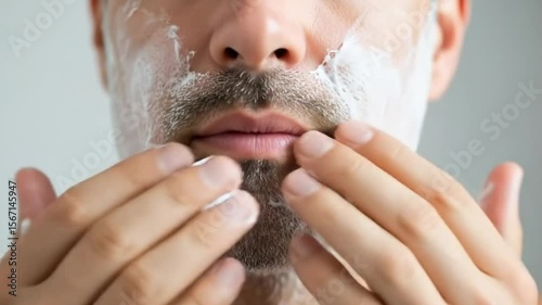 A man applying shaving cream to his face with his hand getting ready to shave his beard and mustache