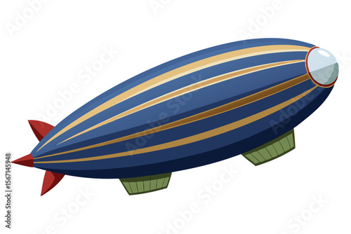 Vintage Cartoon Zeppelin Airship with Gold Stripes Whimsical Flying Transportation Fantasy Illustration Old Fashioned Vehicle Red Fins