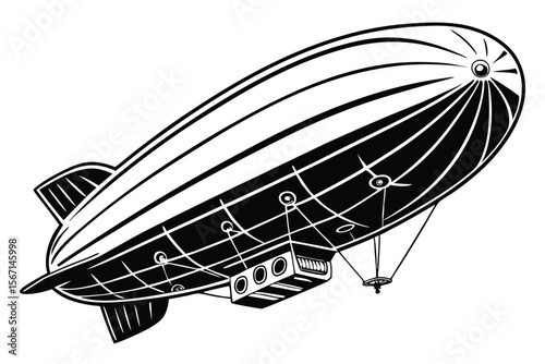Monochromatic Illustration of a Vintage Airship with Gondola and Propellers Displaying Technical and Engineering Aspects in Black and White