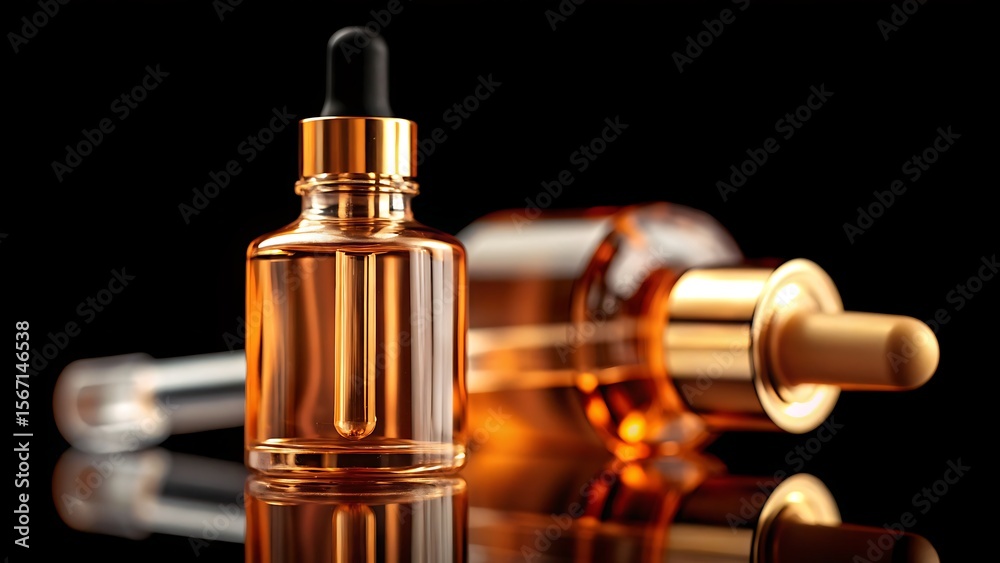Naklejka premium Close up of two golden serum bottles with droppers on a reflective surface