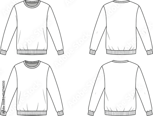 Technical fashion sketch, sweatshirt design, front back views, long sleeve, ribbed cuffs, ribbed hem, crewneck, garment template, apparel drawing, black white, vector illustration