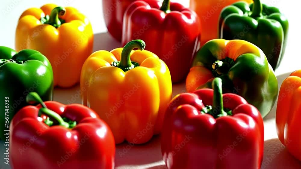 Fresh colorful bell peppers arranged on a white background  
