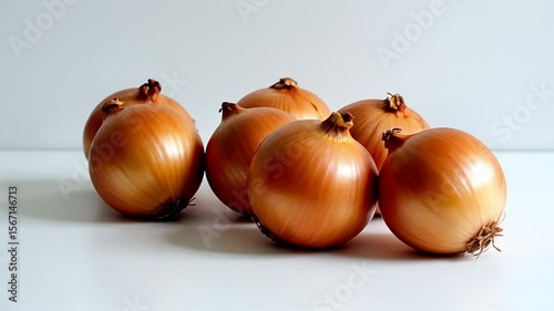 Fresh brown onions arranged on a white surface  