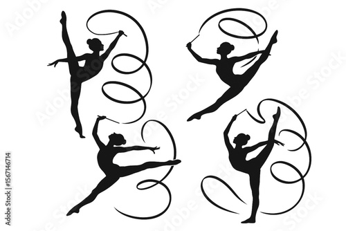 Rhythmic Gymnastics Ribbon Silhouette Vector Set – Elegant Athlete Poses on White Background