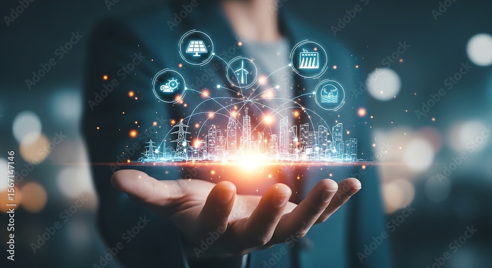 Fototapeta premium Renewable energy concept. Hand holds a hologram with solar, wind, and hydro power icons powering a city, symbolizing green energy and sustainability.