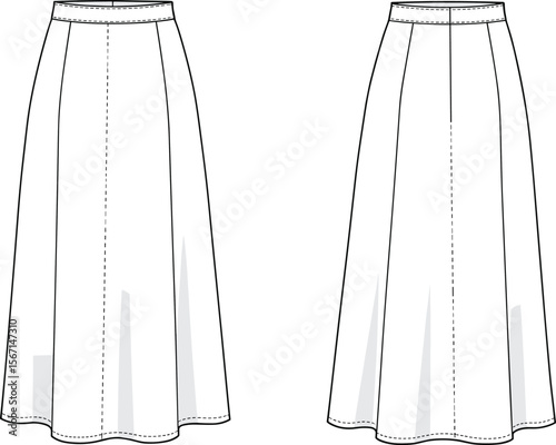 Technical fashion sketch, skirt design, flared silhouette, waistband detail, seam lines, front view, knee-length skirts, vector template, garment illustration, black and white drawing