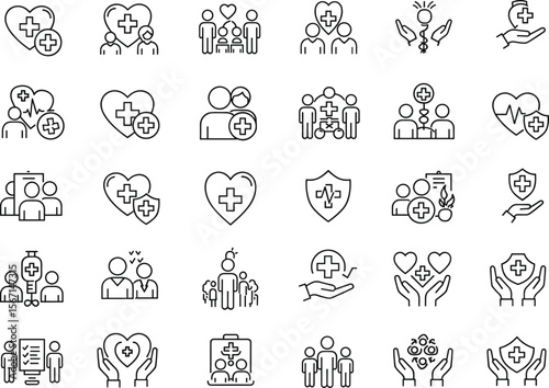 Healthcare icon set, medical symbols, heart care, protection, hands, family health, cross sign, clean line art, vector illustration, black white, flat design