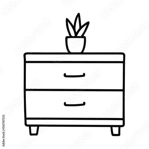 chest of drawers with plant on top  black line art