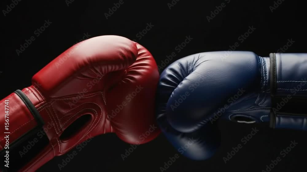 Close up of red and blue boxing gloves touching against a dark background