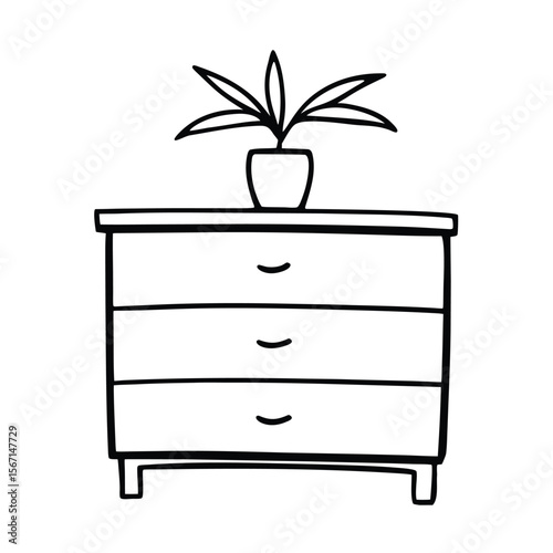 chest of drawers with plant on top  black line art