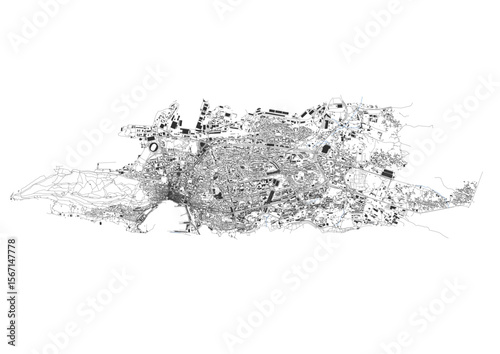 Vector map of Split, Croatia. Shows highways, waterways, and buildings, detailing urban layout and natural features along the Adriatic coast.