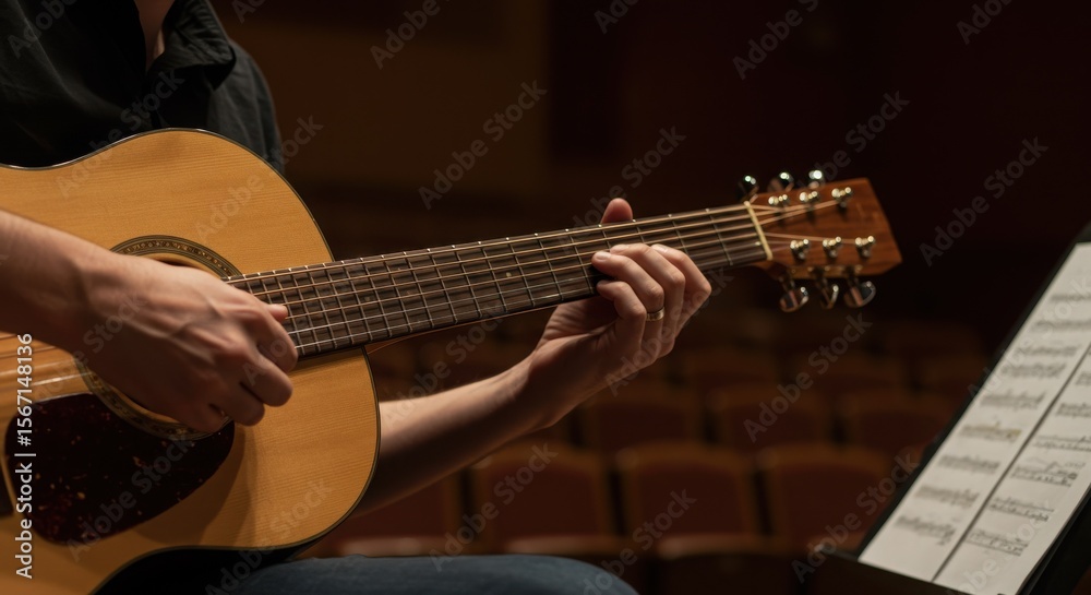Fototapeta premium Concert Rehearsal - An Acoustic Guitarist on Stage