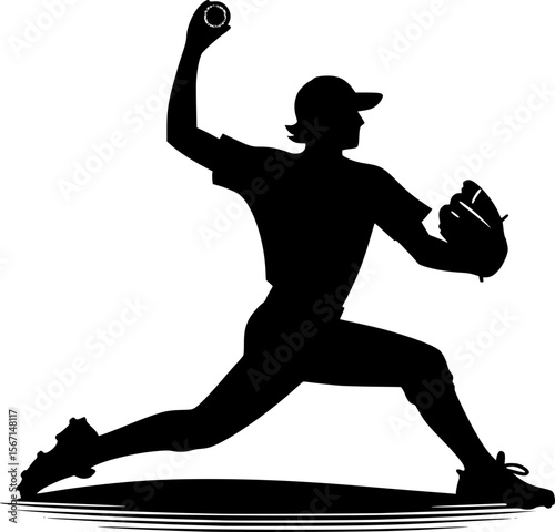Vector of a pitcher throwing ball in softball, minimalist black style
