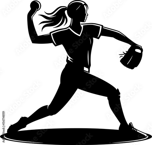 Vector of a pitcher throwing ball in softball, minimalist black style
