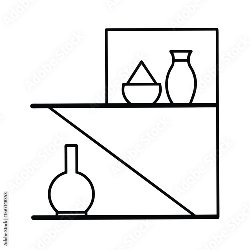 corner shelf with assorted vases  black line art  