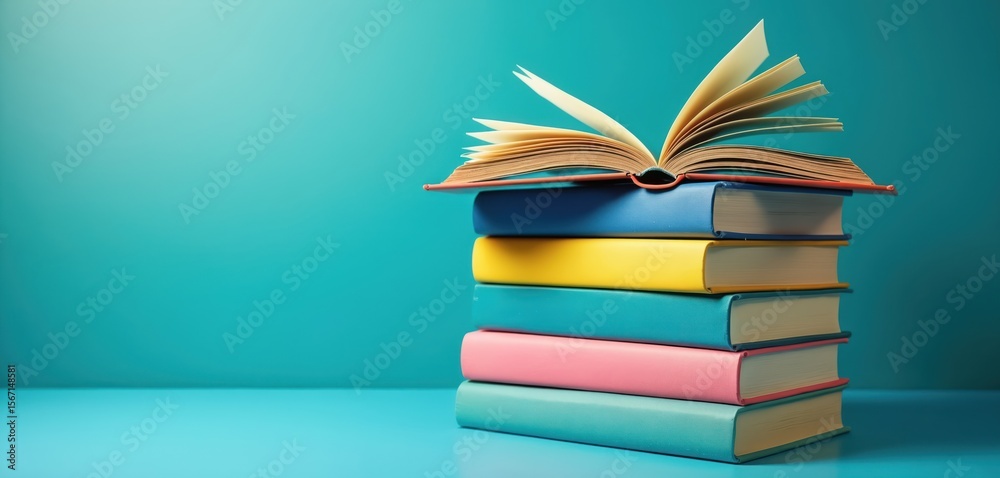 Naklejka premium Open book atop stack of colorful hardback books on blue table against teal background. Education theme, learning, study, reading, writing, knowledge, literature. Back school, classroom, library,