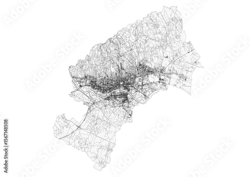 Vector map of Zagreb, Croatia, specifically highlighting its extensive highway network. The focus is on the intricate road infrastructure within the city's urban landscape.