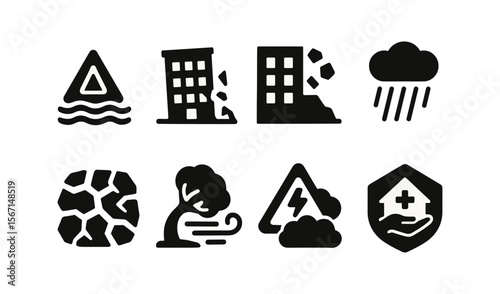 Weather and disaster solid icon set. natural hazards, safety and alert symbols