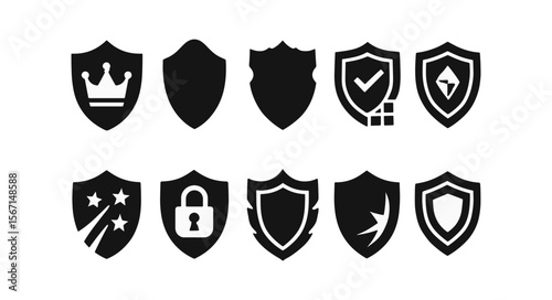 Security and shield silhouette icon set. protection, safety symbols silhouette collection