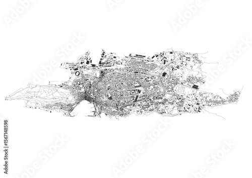Vector map of Split, Croatia. Displays the city's urban layout, prominently featuring its road network (highways) and dense building structures, highlighting key infrastructure.