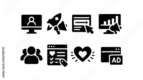Marketing and analytics solid icon set for business and online strategy