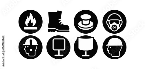Safety equipment solid icon set. hard hat, mask, boot icons solid collection