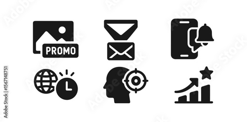 Marketing, business solid icon set. email, notification, analytics, strategy symbols
