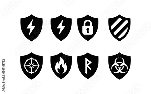 Security and protection silhouette icon set. safety, shield, defense icons collection