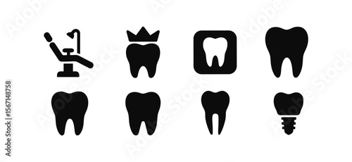 Dental and oral care solid icon set. teeth, dentist tools, oral hygiene icons collection