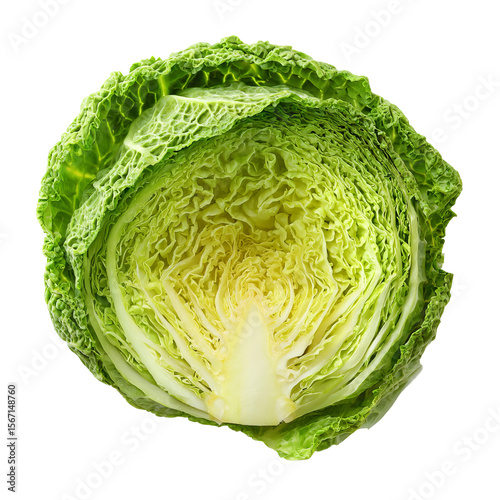 Fresh, healthy cabbage, cut in half to reveal its detailed inner structure, perfect for culinary or health-related projects.