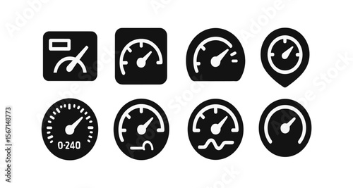 Speedometer, gauge, tachometer solid icon set. dashboard, measurement tools icons collection