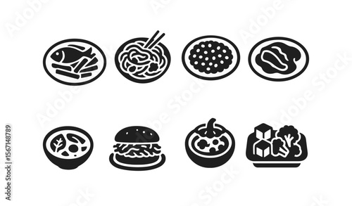 Food and cuisine silhouette icon set. delicious meal, dining symbols collection