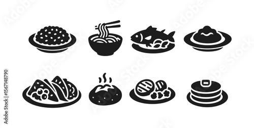 Food and dining silhouette icon set. meals, cuisine, and culinary silhouette icons