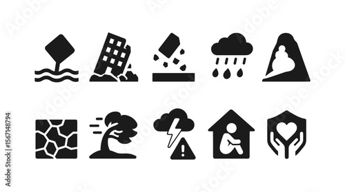 Natural disasters solid icon set. earthquake, tsunami, flood, volcano, and more