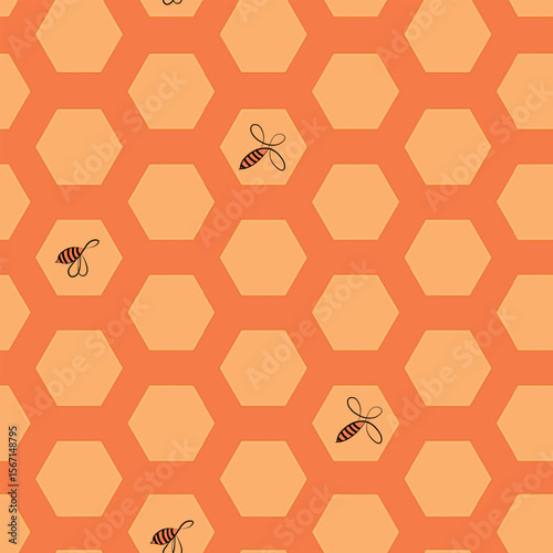 Seamless hexagon pattern with honeycomb. Vector illustration, geometric texture. Design for invitation, cards, textile, fabric. Doodle style.